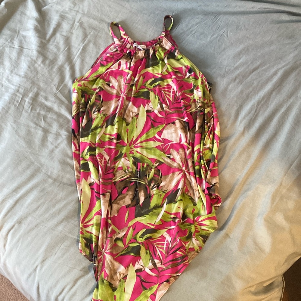 Tropical Leaf Print Halter Dress